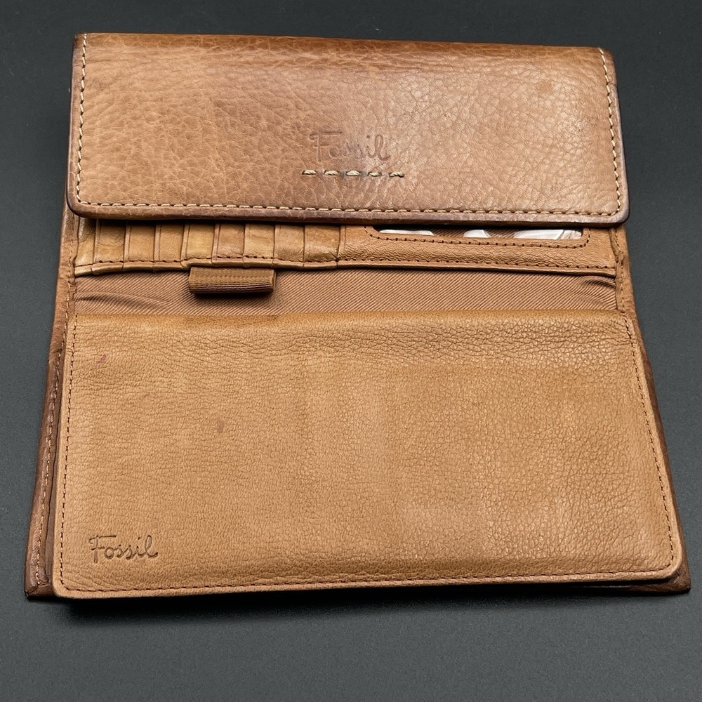 Vintage Fossil Brown Leather Clutch Wallet Checkbook Organizer Snap Closure - Picture 10 of 12